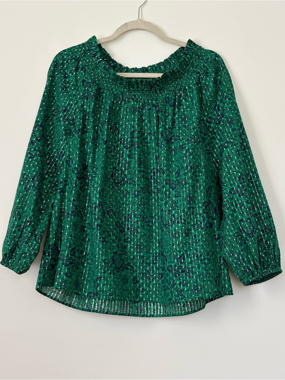Talbots Plus Green Floral Metallic Smocked Blouse Long Sleeve Size X